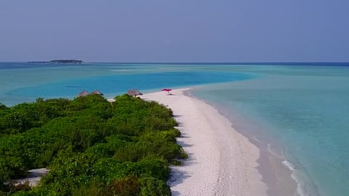 Drone aerial tourism of tropical lagoon beach journey by blue ocean and sand background