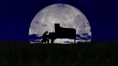 Silhouette of Musician Playing Piano Against Full Moon at Night