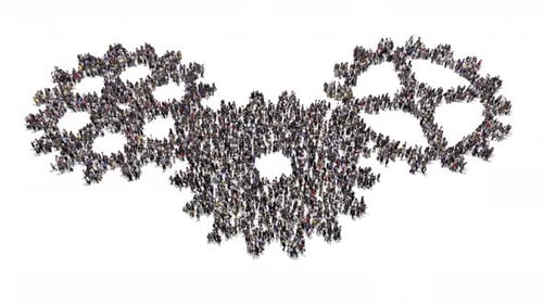 Pessoas se reúnem e formam uma roda dentada em movimento