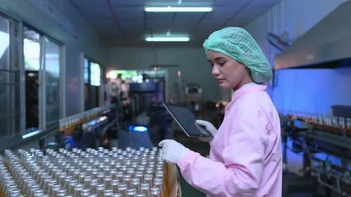 Le personnel de contrôle de la qualité des produits sur la chaîne de production de jus de fruits Effectue des contrôles de qualité des produits