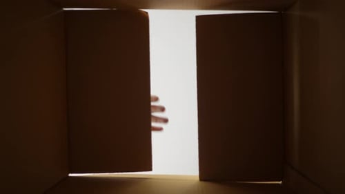 Smiling Couple Opening Cardboard Box at Home