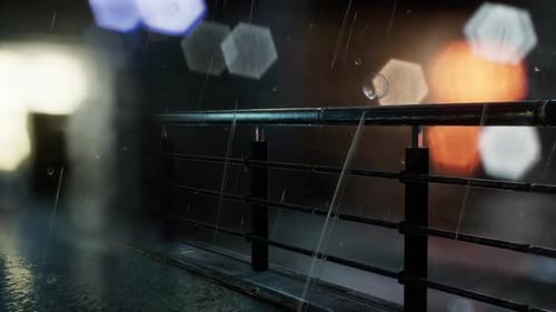 Heavy Rain at Night with Reflective Surface and Bokeh