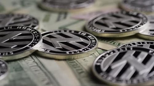 Rotierende Aufnahme von Bitcoins (digitale Kryptowährung) - BITCOIN LITECOIN