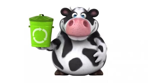 Animated Cartoon Cow with Recycling Bin Talking and Pointing