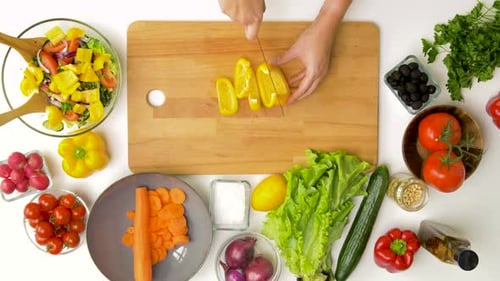 Vegetables Being Prepared for Salad, Overhead Shot