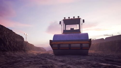 Road Roller used for road construction. Industry heavy machinery building site.