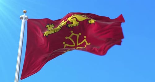 Red Flag with Golden Heraldic Lion and Cross Emblem Waving