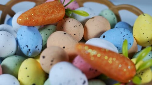 Basket Filled with Colorful Easter Eggs and Carrots