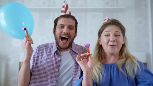 Party Online, Joyful Funny Family Woman and Man in Caps with Balls and Pipes Create Festive