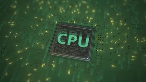 Animated GPU Chip on Circuit Board with Digital Data Flow