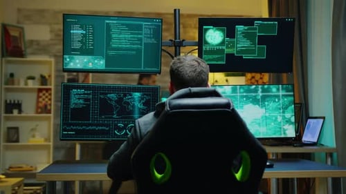 Hacker allongé sur sa chaise tout en utilisant un ordinateur puissant