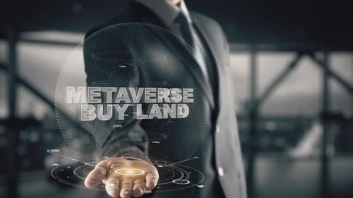 Empresario con metaverso comprar tierra holograma concepto