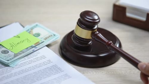Dollars With Alimony Sign Table, Gavel Striking Sound Block, Financial Support