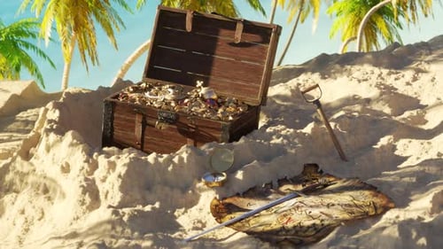 Animated 3D Treasure Chest with Gold Coins on Beach