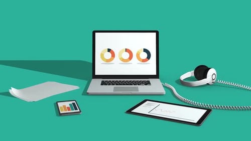 Laptop, Mobile And Digital Tablet Screens With Graph Tables And Chart. Business.