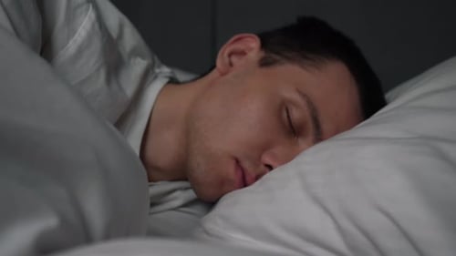 Calm Handsome Man Goes To Sleep Comfortable Cozy Fresh Bed Enjoying Healthy Good Sleep Nap