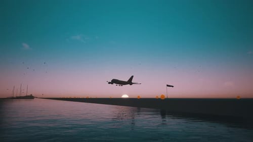 Airplane Takeoff from Airport Runway at Sunset