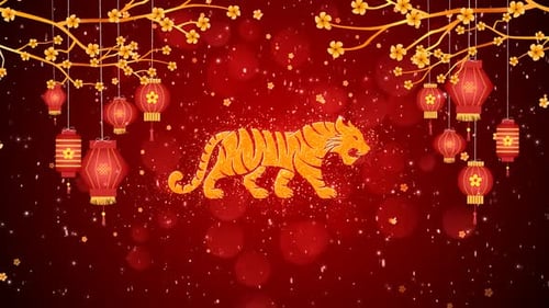 Chinese New Year Golden Tiger with Festive Lanterns Looping Background
