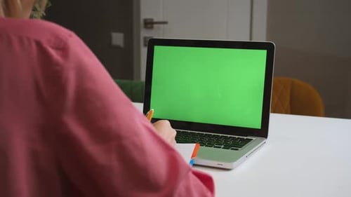 Concepto de computadora portátil con pantalla verde Videoconferencia de educación a distancia en línea