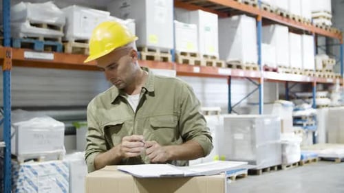 Focused Male Worker in Helmet Signing Documents