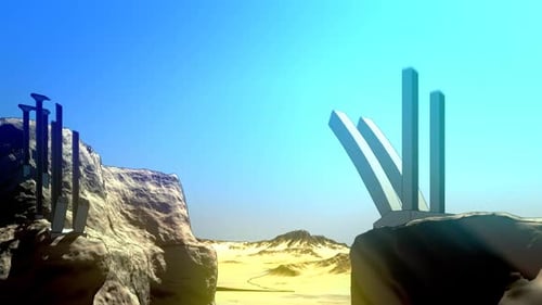 Animación conceptual de la construcción de un puente que se extiende sobre dos colinas opuestas.
HD