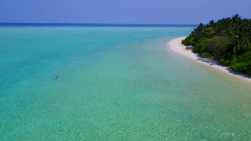 Romantic travel of tropical island beach journey by ocean with sand background near reef