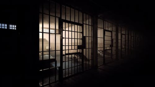 Dirty prison cells lights turning off. Simulation of the sudden evacuation.