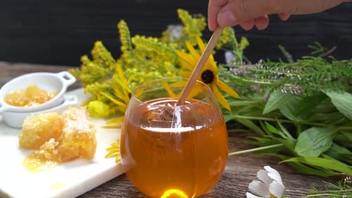 Close up of honey with honeycombs and flowers