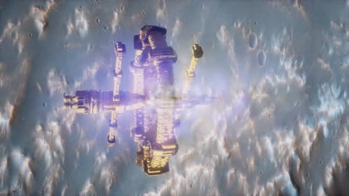 Futuristic Space Station Orbiting Cratered Planet Surface Animation