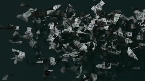 das Erscheinen von Geld aus den dunklen 100 Rechnungen fliegen in die Kamera 3D-Animation