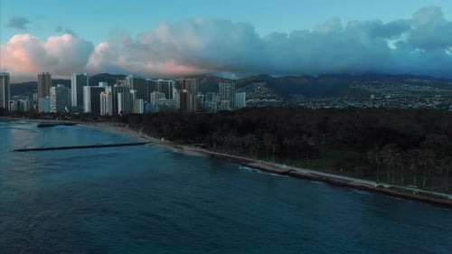 Aerial drone footage of Honolulu, Hawaii.
Beautiful real estate, buildings in the city.
Palm trees