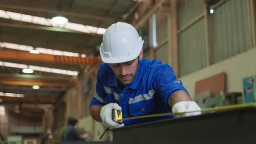 Young Caucasian male industrial worker working in manufacturing plant.