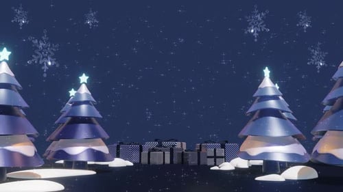 Animated Christmas Scene with Trees, Falling Snow, and Gifts