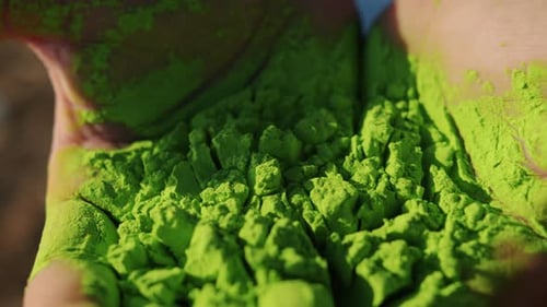 Closeup of Palms Full of Green Colored Powder While Person is Celebrating Holi Festival