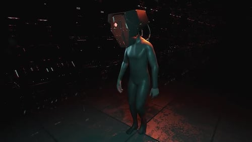 Futuristic Robot with Camera Head Walking in Dark Sci-Fi Tunnel