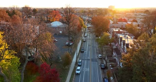 Aerial View of Suburban Street at Golden Hour