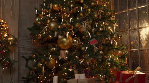 Festive Christmas Tree with Gifts in Cozy Home