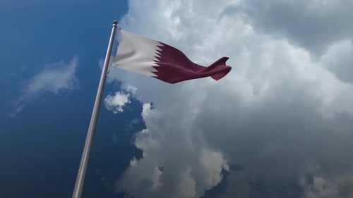 Waving Qatar Flag on Flagpole with Cloudy Background