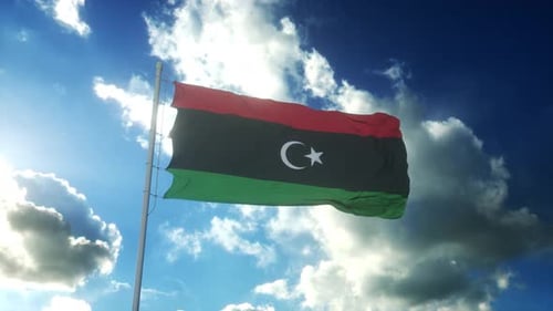 Libyan Flag Waving in Realistic Blue Sky with Clouds