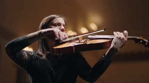 Brunette Lady in Black is Playing Fiddle in Philharmonic Hall Female Musician in Symphonic Orchestra
