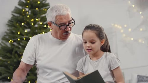 Grandfather and Granddaughter Read Book at Christmas