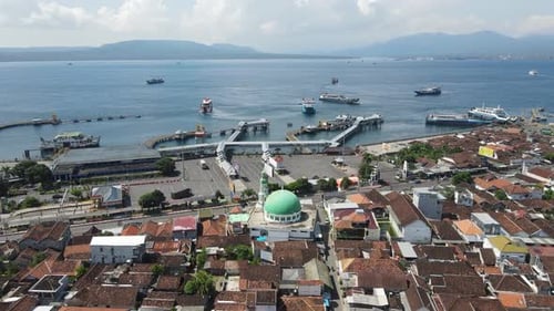 Aerial view of Port in Banyuwangi Indonesia with ferry in Bali Ocean