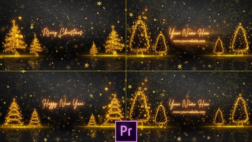 Elegant Golden Christmas and New Year Greeting with Glowing Trees