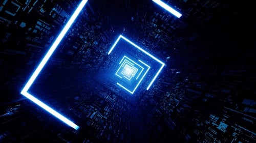 Quadratischer Sci-Fi-Tunnel-Rotationsschleife mit blauem Lichtstrich
