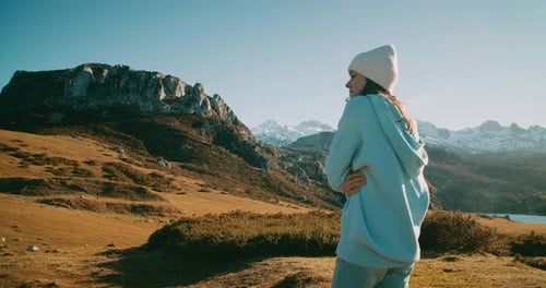 Inspired Hike Woman Walk on Meadow Climb to the Hill Surrounded Epic Landscape