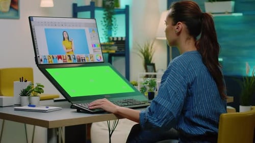 Professional Editor Working with Green Screen and Retouching App