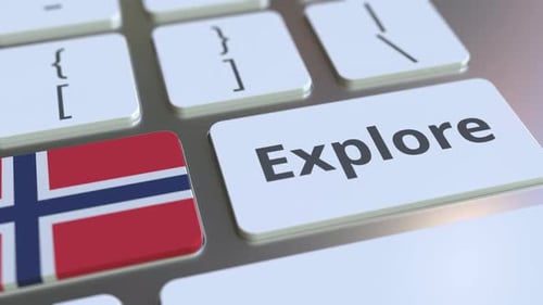 Finger Presses Explore Button with Norway Flag on Keyboard