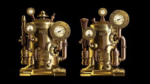 Animated Steampunk Machines with Moving Gauges and Steam Effects