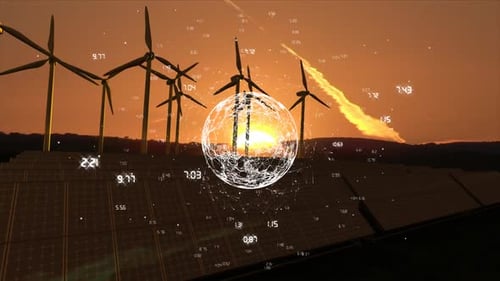 Wind turbines and white globe with data