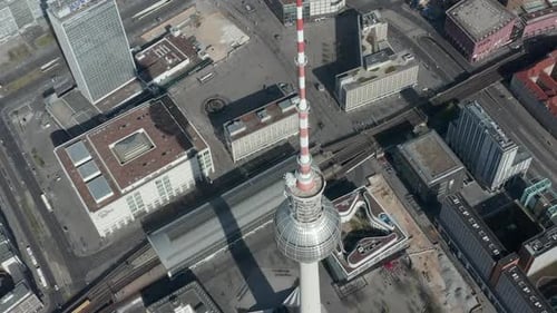 AERIAL: Slow Flight Over Small Bridge Over Spree in Berlin, Germany with View on Alexanderplatz TV